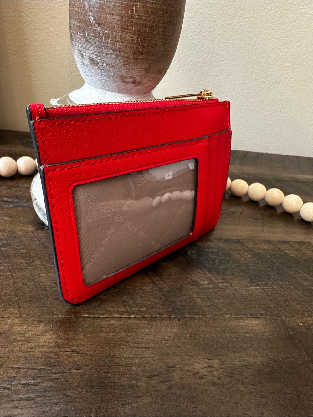 Michael Kors Red Card Holder Wristlet Zip Pouch Gold Hardware - Picture 9 of 9